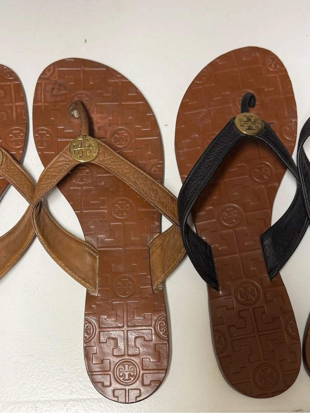 Tory Burch Black Leather and Brown Rubber Logo Flip Flop Sandals